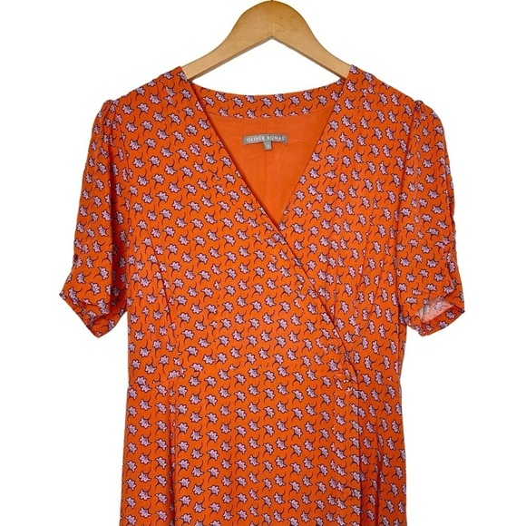 Oliver Bonas Women Floral Asymmetrical Button Up Dress Sz 12 Orange Short Sleeve - Picture 3 of 10